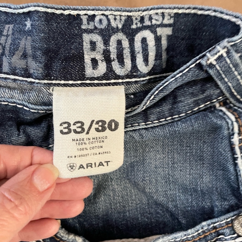 Ariat Men's M4 Distressed 33 30 Low Rise Bootcut Jeans White and Leather Accent - Picture 2 of 4